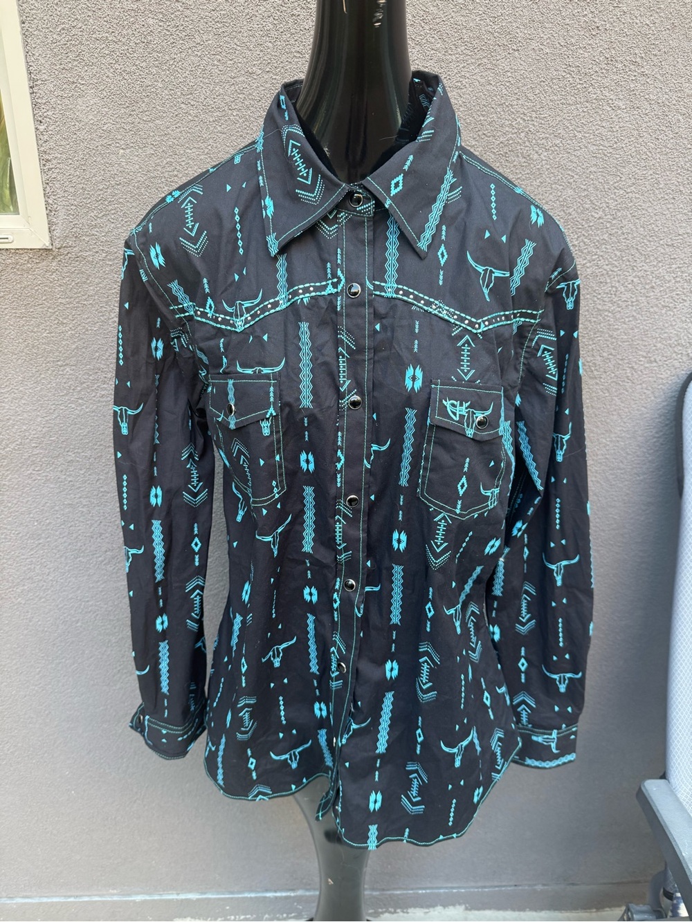 Cowgirl Hardware Western Shirt Black Turquoise Aztec Bull Skull Pearl Snap L